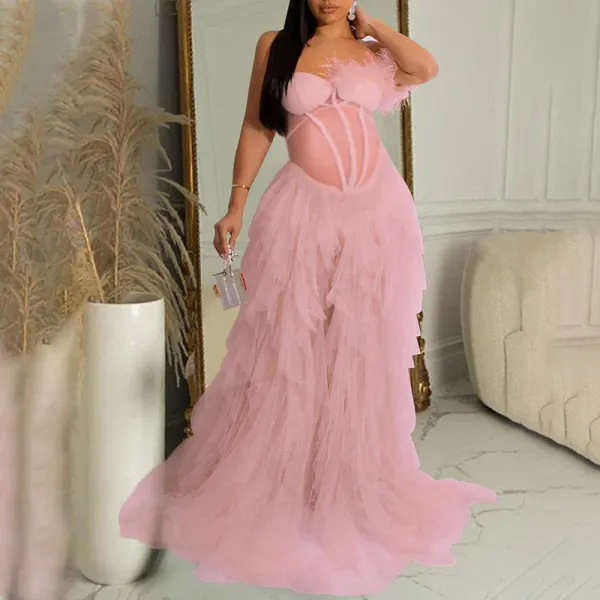 Maternity Bandeau Off Shoulder Feather Tulle Tutu Grenadine Photoshoot Maxi Dress - Lukalula.com 
