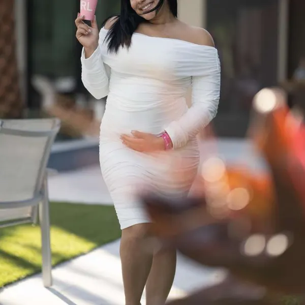 Maternity White Ruched Bodycon Off Shoulder Long Sleeve Baby Shower Midi Dress Only $70.97 - Lukalula.com 