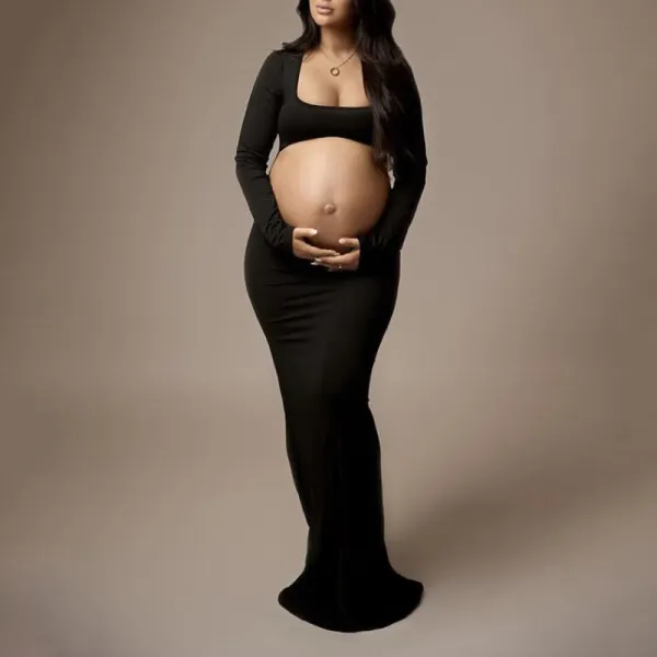 Black Cut Out Mermaid Crop Long Sleeve Backless Bodycon Cocktail Club Party Photoshoot Maternity Maxi Dress - Lukalula.com 