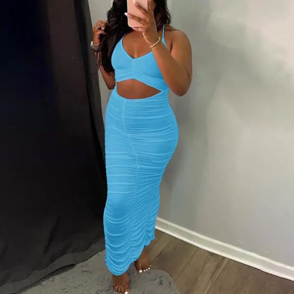 Maternity Blue Cut Out Backless Slit Spaghetti Strap Ruched Baby Shower Bodycon Party Maxi Dress - Lukalula.com 