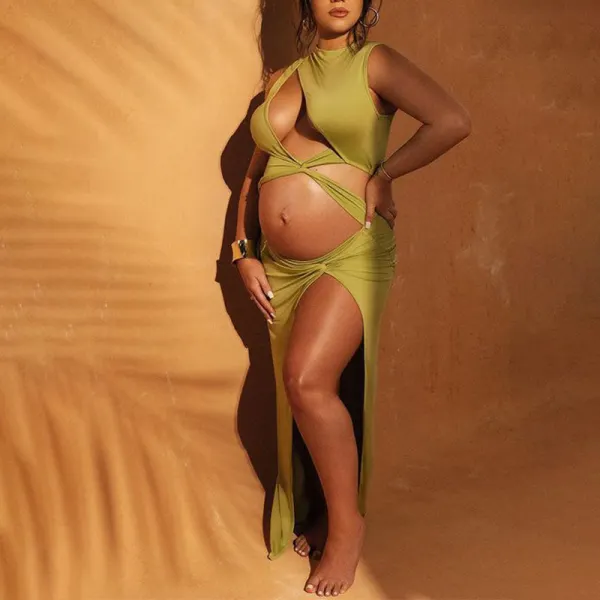 Olive Cut Out Irregular Split Ruffle Side Slit Bodycon Chic Photoshoot Maternity Maxi Dress Only $45.42 - Lukalula.com 