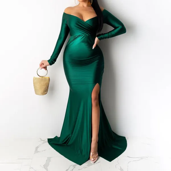 Green Off Shoulder Long Sleeve High Split Bodycon Solid Baby Shower Evening Gown Maternity Maxi Dress - Lukalula.com 