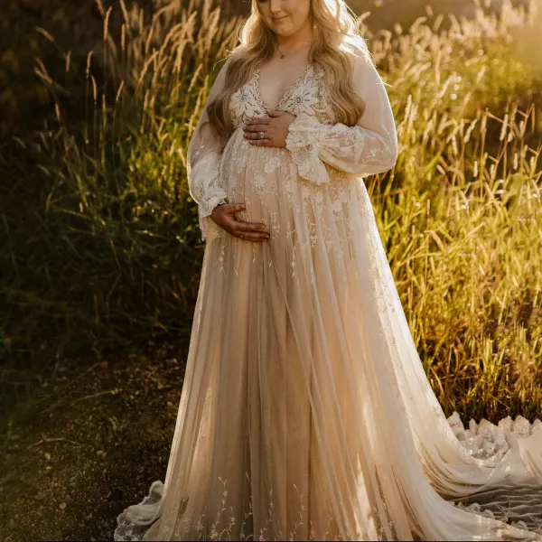 Maternity Deep V-neck Off-white Lace Maxi Dress Photoshoot Dress - Lukalula.com 