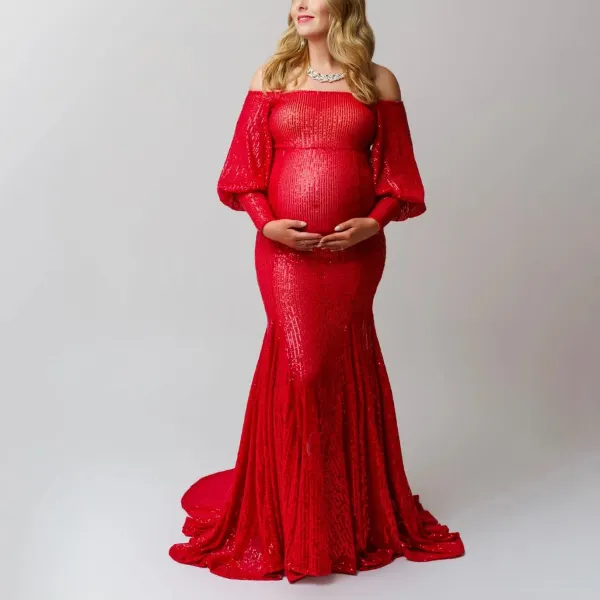 Maternity Red Sequin Off Shoulder Dress Puff Sleeves Maxi Gown Baby Shower Photoshoot Dress - Lukalula.com 
