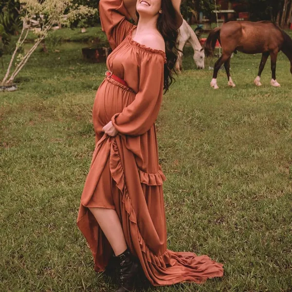 Maternity Orange Off-the-Shoulder Long Sleeve Photoshoot Dress (Dress Only) - Lukalula.com 