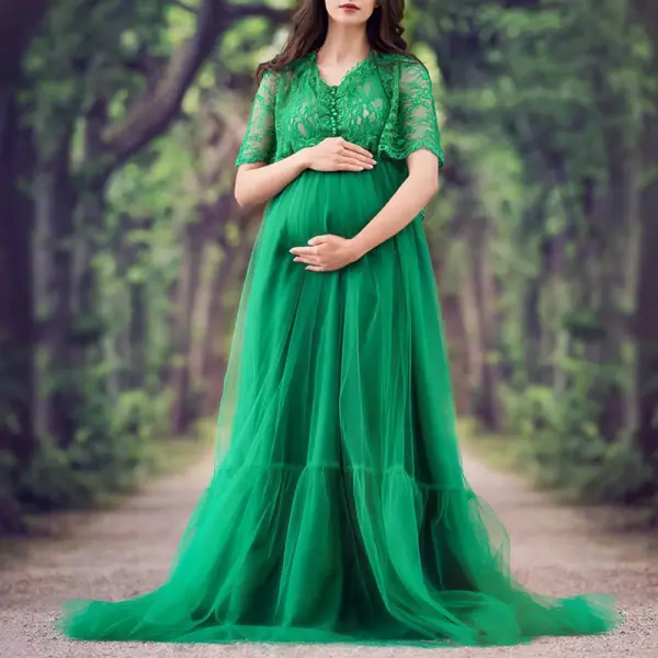 Maternity Green Lace Mesh Photoshoot Dress - Lukalula.com 
