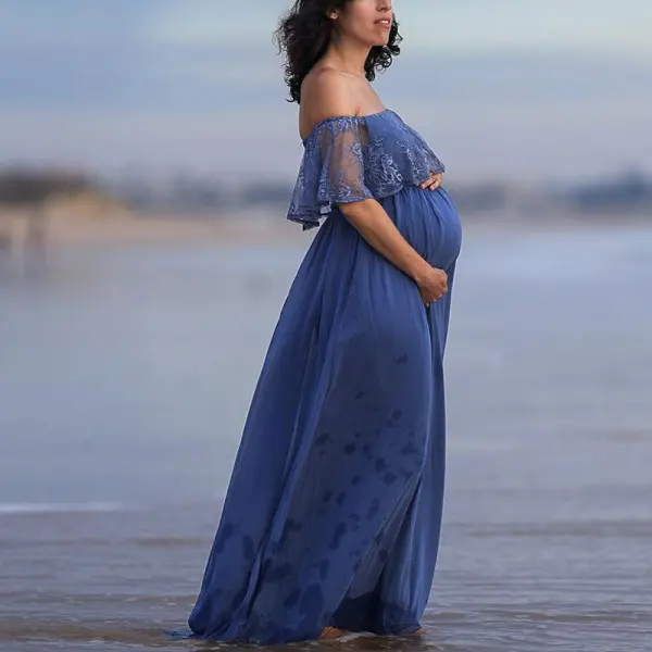 Maternity Off-shoulder Blue Lace Mesh Photoshoot Baby Shower Loong Dress - Lukalula.com 