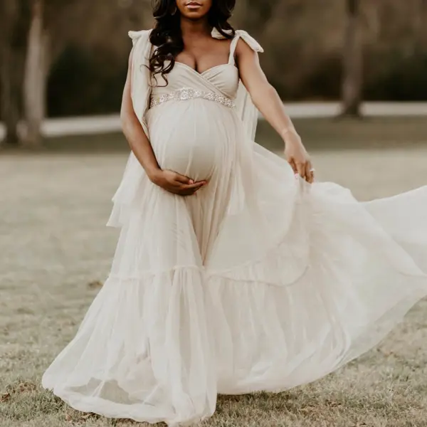 Maternity Maternity White Chiffon Sling Photoshoot Dress (Pearl Belt Not Included) - Lukalula.com 