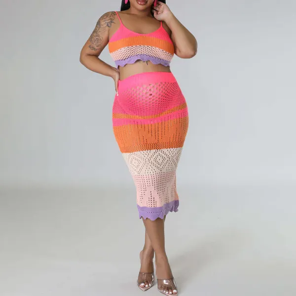 Spaghetti Strap Cut Out Knitwear Rainbow 2 Piece Beach Babyshower Maternity Midi Dress - Lukalula.com 