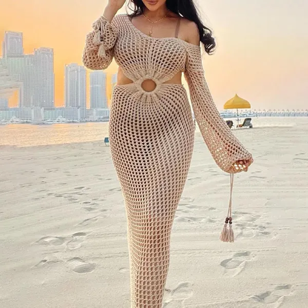 Apricot Knit Coverup Dress Mesh Bodycon Beach Hollow Out Midi Crochet Maternity Cut Out Dress - Lukalula.com 