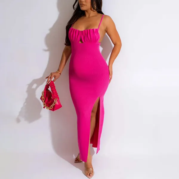 Spaghetti Strap Belly Friendly Backless Side Slit Cut Out Babyshower Maternity Maxi Dress - Lukalula.com 