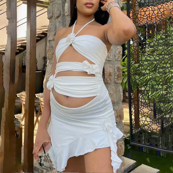 3D Flowers Cut Out Irregular Ruffle Halter Neck Bodycon Baby Shower Maternity Mini Dress Only $50.91 - Lukalula.com 