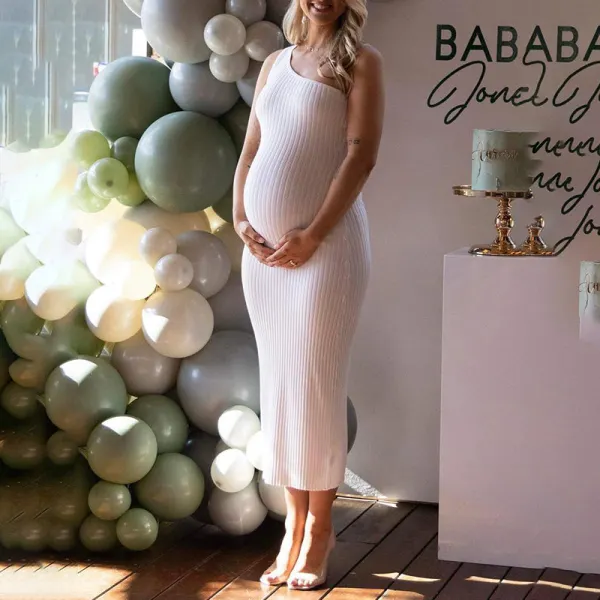 White Oblique Shoulder Stretch Knit Solid Color Bodycon Babyshower Maternity Midi Dress - Lukalula.com 