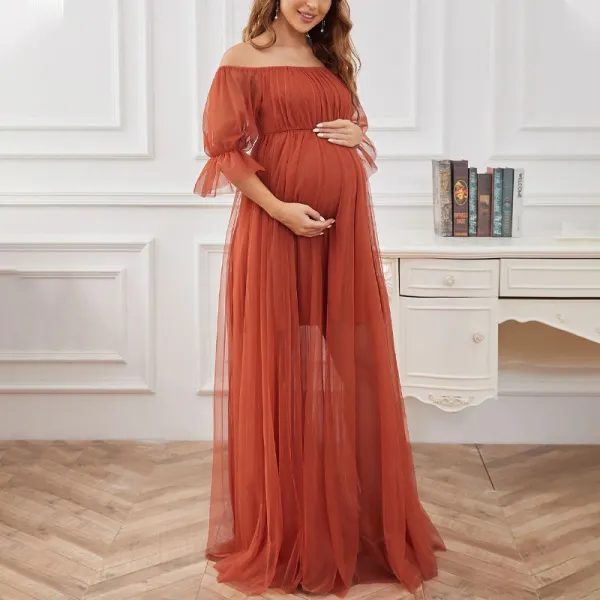 Maternity Solid Color Long Sleeve Short Sleeve Tulle Gown Baby Shower Photoshoot Dress - Lukalula.com 