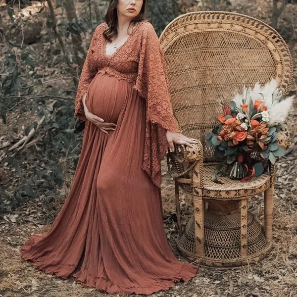 Maternity Vintage V-neck Lace Stitching Flared Long Sleeve Photoshoot Dress - Lukalula.com 