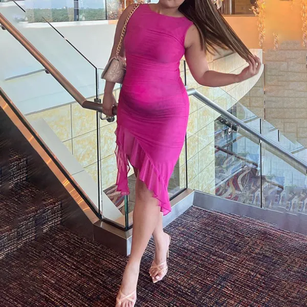 Belly Friendly Ruched Bodycon Round Neck Falbala Backless Babyshower Maternity Midi Dress - Lukalula.com 