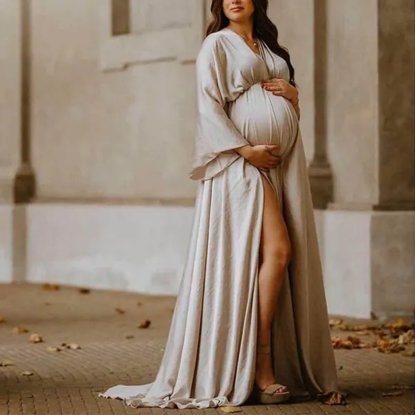Maternity V-neck High Waist Slit Photoshoot Dress 