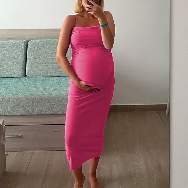 Maternity Off-shoulder Pink Elegant Midi Baby Shower Dress - Lukalula.com 
