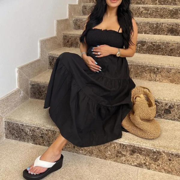 Maternity Black Smocked Open Back Tiered Baby Shower Midi Dress - Lukalula.com 