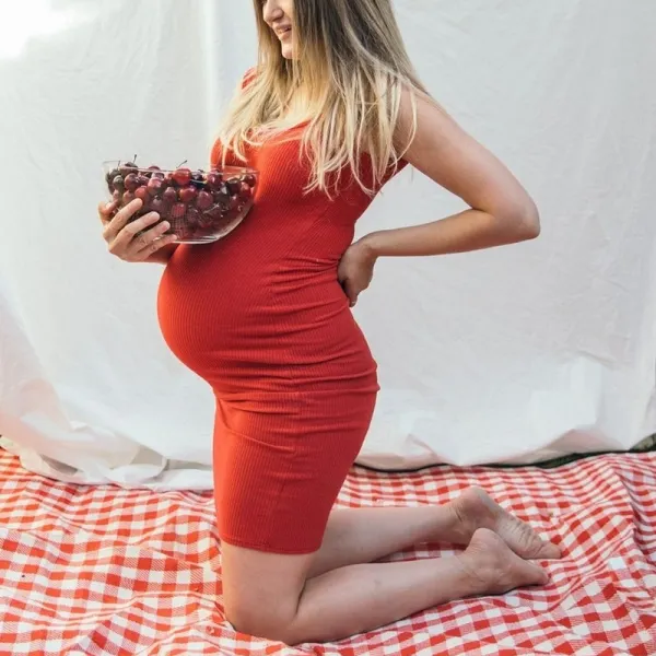 Red Ribbed Square Neck Maternity Casual Dress - Lukalula.com 