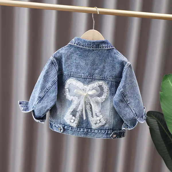 【18M-12Y】Girl Sweet Bowknot Lace Embroidery Washed Denim Jacket - Lukalula.com 