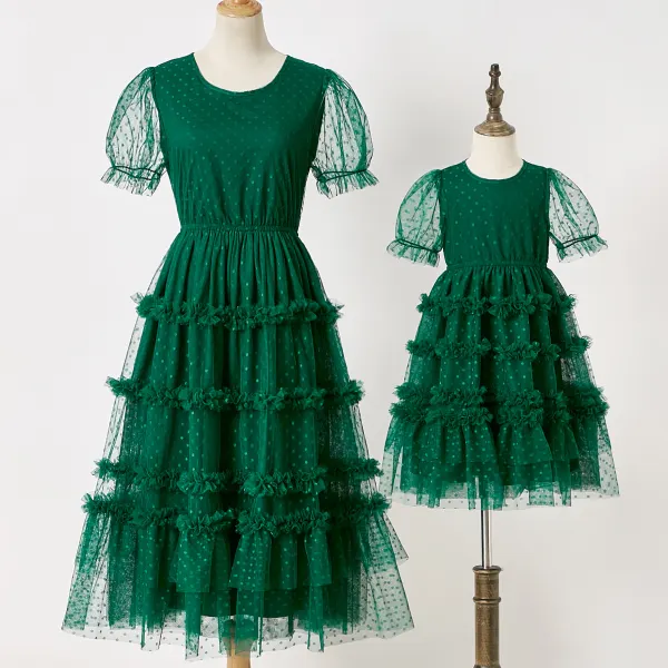 Sweet Green Polka Dot Mesh Mom Girl Matching Dress - Lukalula.com 