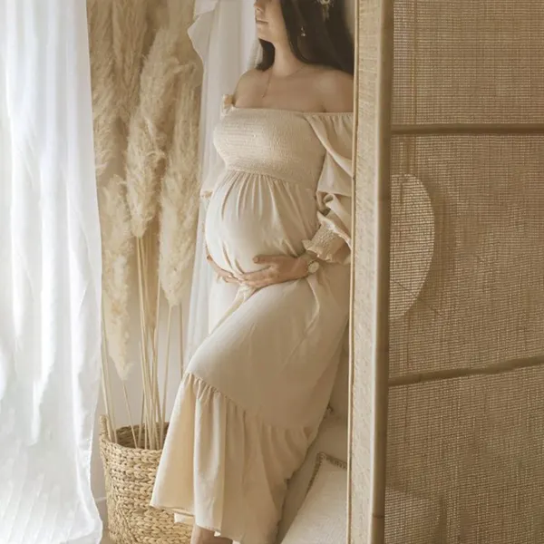 Maternity Apricot Ruffle Draped Square Neck Elegant Daily Photoshoot Maxi Dress - Lukalula.com 