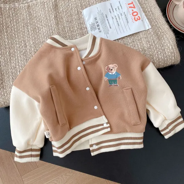 【6M-6Y】Kids Casual Back Bear And Letter Print Baseball Eniform Fashion Jacket Only $28.55 - Lukalula.com 