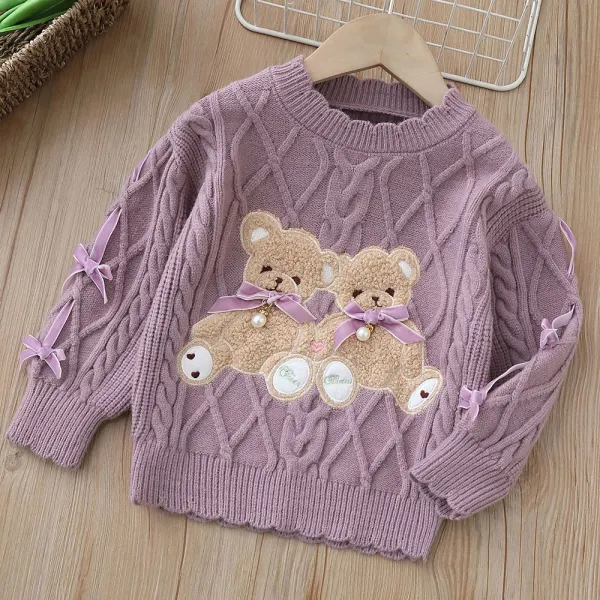 【18M-6Y】Girls' Bear Embroidered Round Neck Long Sleeve Sweater - Lukalula.com 