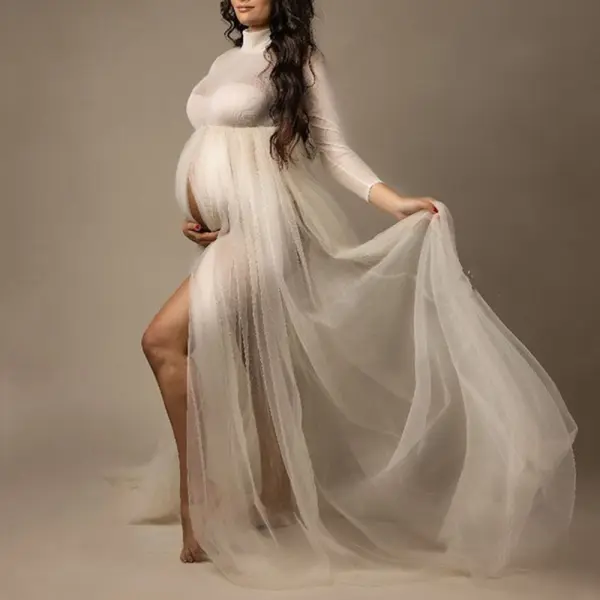 Maternity Solid Color Long Sleeve Mesh Sheer Photoshoot Dress (Undergarments Not Included) - Lukalula.com 