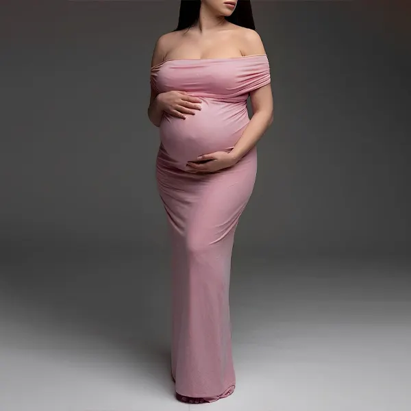 Pink Off Shoulder Belly Friendly Ruched Boat Neck Bodycon Photoshoot Maternity Maxi Dress - Lukalula.com 
