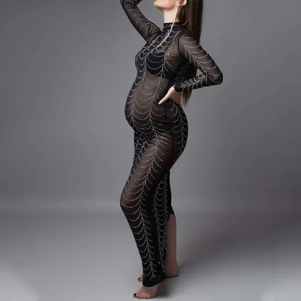 Black Rhinestone Bodycon Mesh Long Sleeve Evening Gown Photoshoot Plus Size Club Maternity Maxi Dress - Lukalula.com 