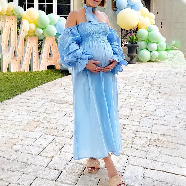Ruffle Off Shoulder Falbala High Waist Lantern Sleeve Baby Shower Maternity Midi Dress - Lukalula.com 