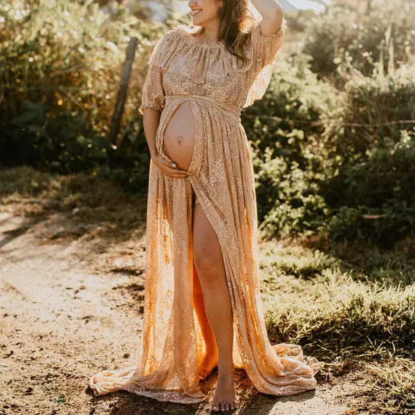 Maternity Khaki Lace Ruffle One Off Shoulder Split Photoshoot Dress - Lukalula.com 
