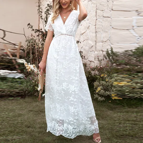 Maternity Solid Color Lace Hook Flower Hollow Photoshoot Wedding Dress - Lukalula.com 