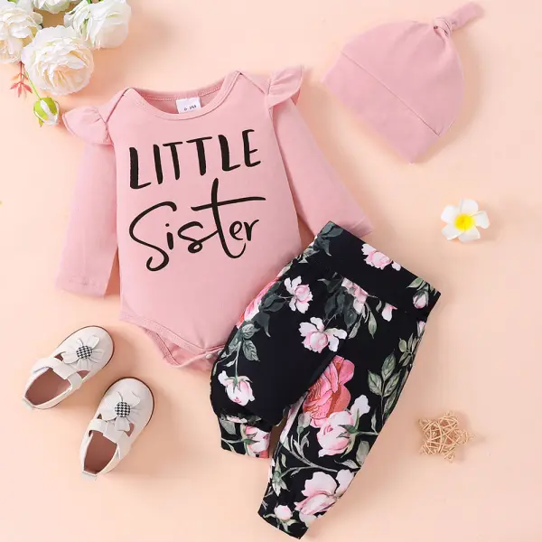 【0M-18M】3-piece Baby Girl Pink Letter Print Long Sleeve Romper And Floral Pants Set With Hat - Popopieshop.com 