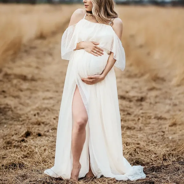 Maternity White Chiffon Jacquard Off-The-Shoulder Photoshoot Dress - Lukalula.com 