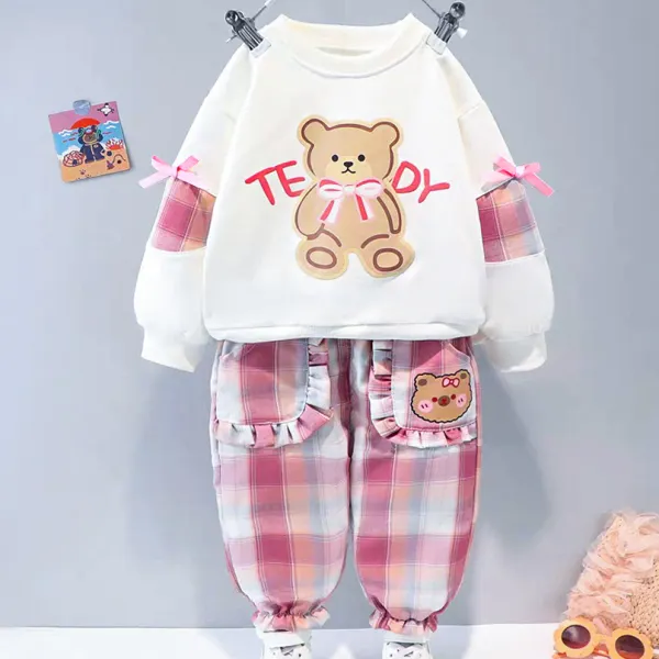 【12M-5Y】2-Piece Girls' Cute Bear And Letter Print Round Neck Long Sleeve Sweatshirt And Plaid Pants Set - Lukalula.com 