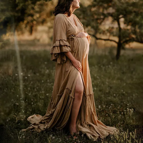 Maternity Ruffled Sleeve V-Neck Maxi Photoshoot Dress Only $80.14 - Lukalula.com 