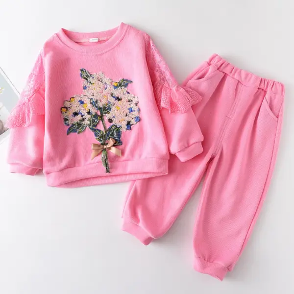 【12M-5Y】2-Piece Girl Sweet Floral Embroidered Round Neck Sweatshirt And Pants Set - Lukalula.com 