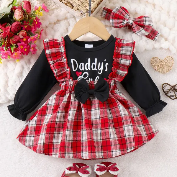 【0M-18M】2-Piece Baby Girl Cute Fake Two-Piece Letter Print Paneled Plaid Ruffle Long Sleeve Dress With Headband - Lukalula.com 