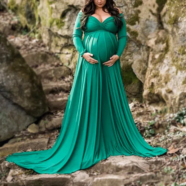 Maternity Off The Shoulder Blue White Maxi Green Photoshoot Dress - Lukalula.com 
