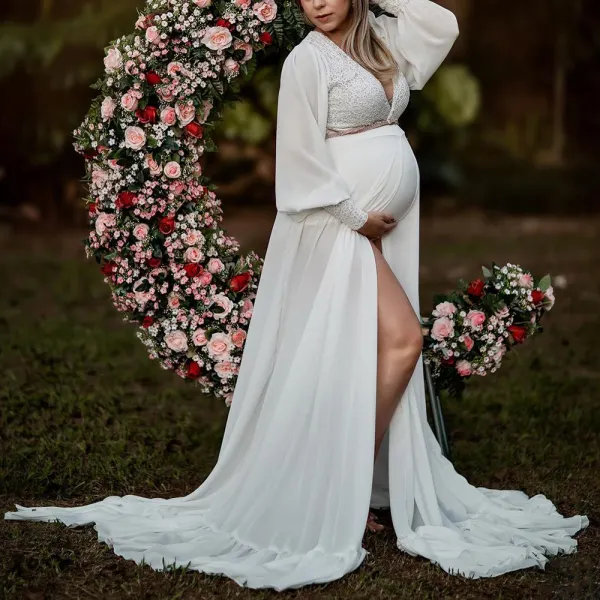 Maternity White Lace Splicing V-neck Long Sleeve Photoshoot Dress (Underwear And Belts Not Included) - Lukalula.com 