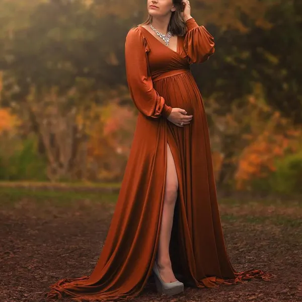 Maternity V-neck Long Sleeve Slit Photoshoot Dress 