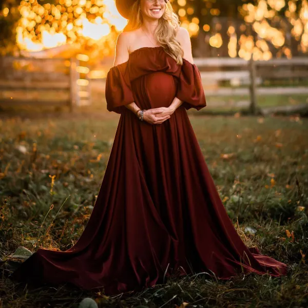 Maternity Bubble Sleeve Solid Color Dress Off The Shoulder Maxi Photoshoot Dress - Lukalula.com 