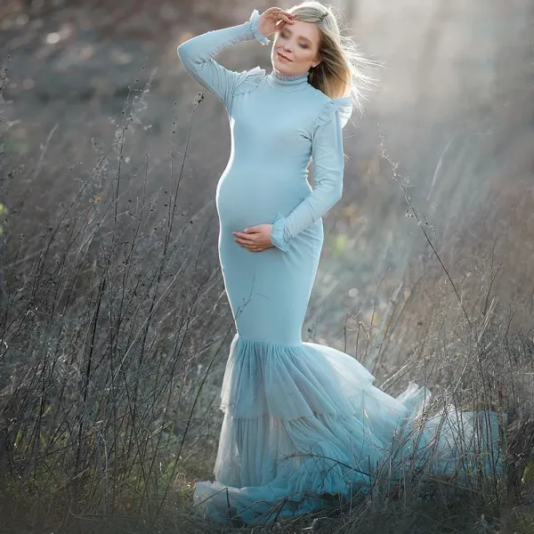 Maternity Light Blue Turtleneck Long Sleeve Fishtail Photoshoot Dress(Belt Not Included) - Lukalula.com 