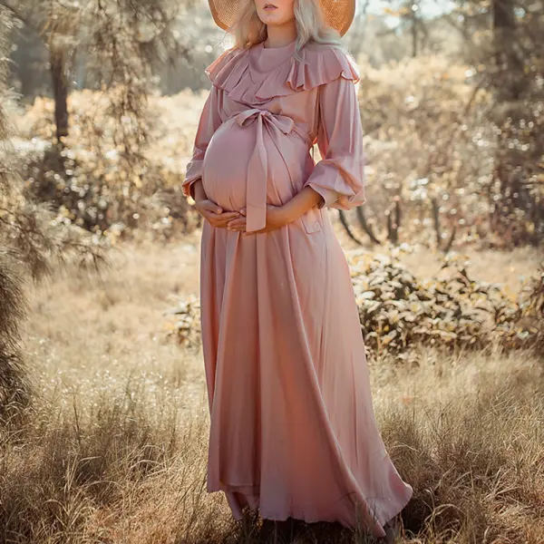 Maternity Pink Ruffle Long Sleeve Photoshoot Dress - Lukalula.com 