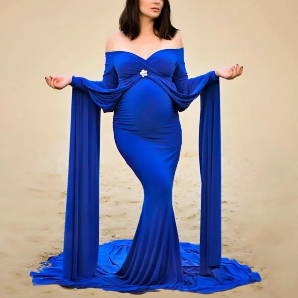 Maternity Elegant Blue Off The Shoulder Gown Maxi Photoshoot Dress - Lukalula.com 