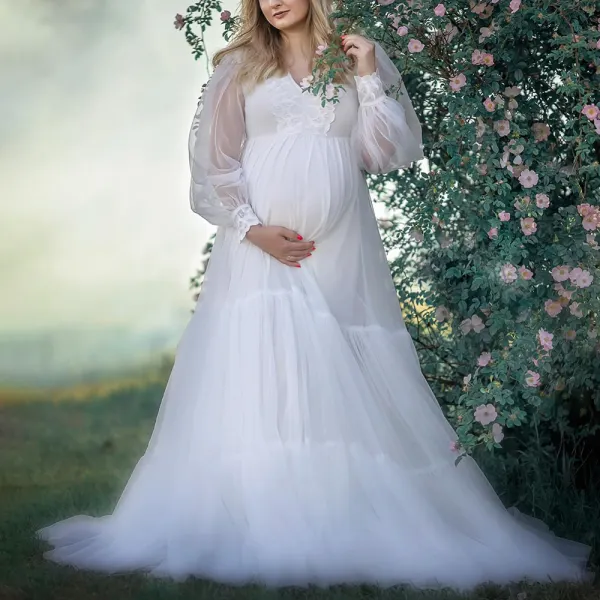 Maternity White Mesh Ruffle V-Neck Long Sleeve Photoshoot Dress - Lukalula.com 