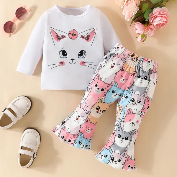 【6M-3Y】2-Piece Baby Girl Cute Cotton Cat Butterfly Print Long Sleeve T-Shirt And Flared Pants Set - Lukalula.com 